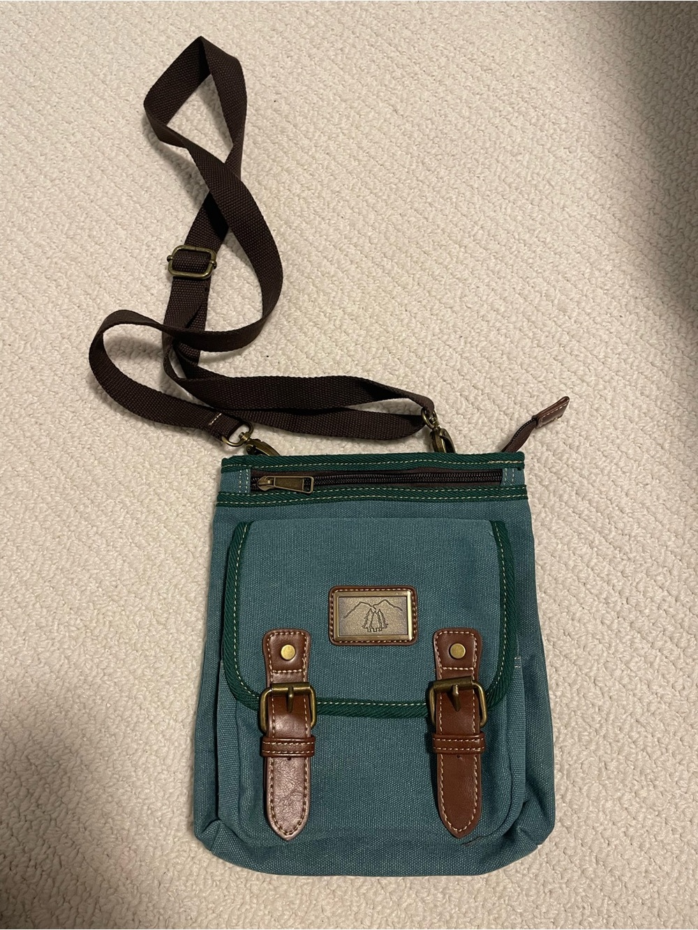Canvas Crossbody Bag with Brown Trim - Teal